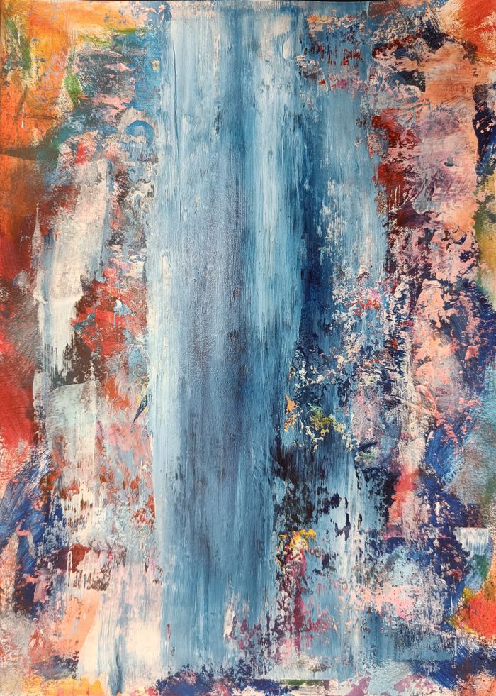 Vibrant abstract painting with bold blue and warm hues.