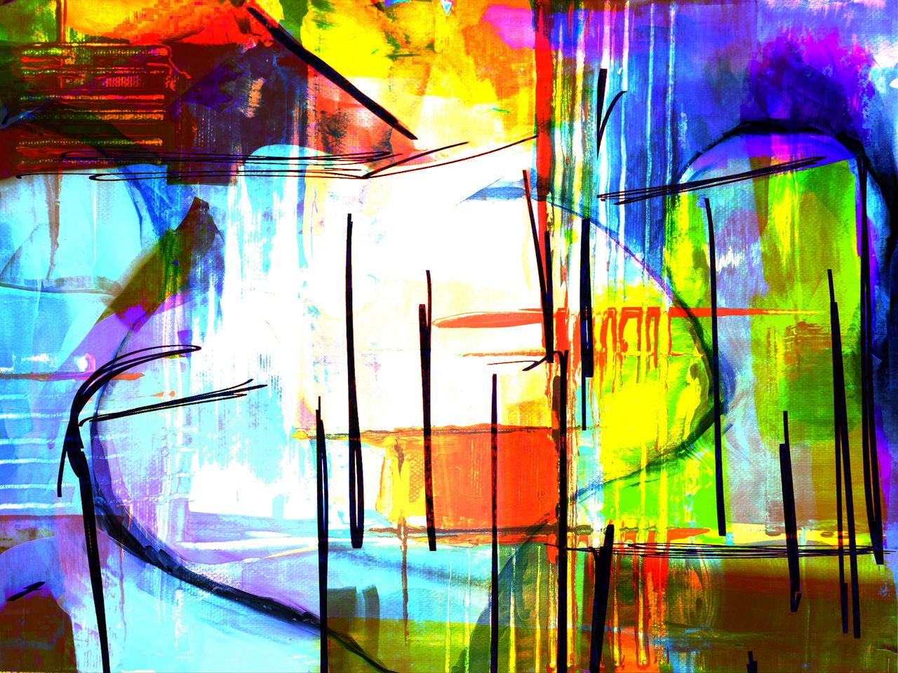 Bright and colorful abstract artwork with vivid lines and textures.