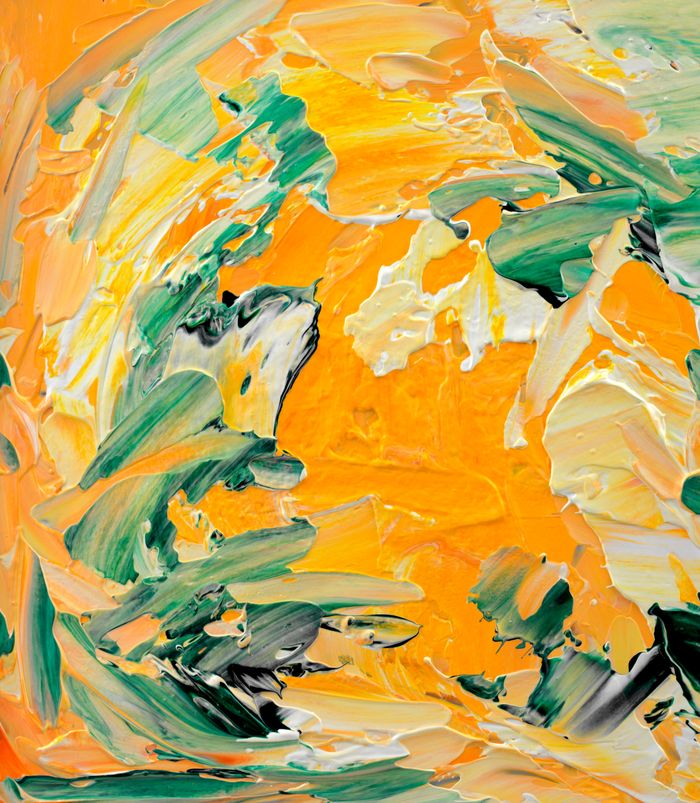 A vibrant abstract acrylic painting featuring dynamic swirls of yellow and green hues.